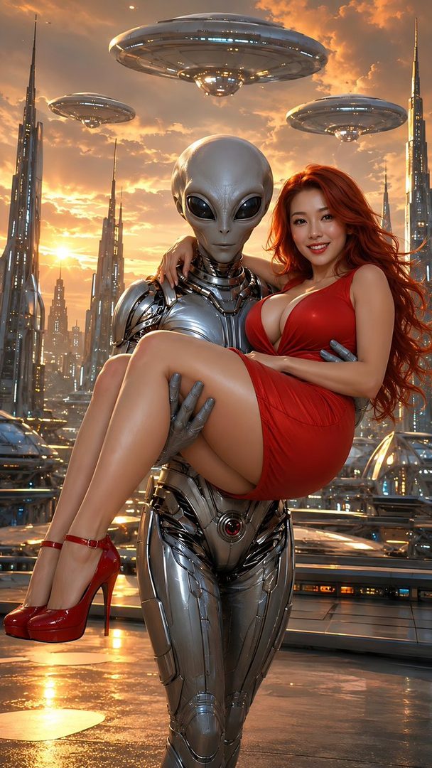 A photorealistic AI-generated image of a woman in a red dress being carried by a grey alien in a futuristic city with UFOs in the sky.