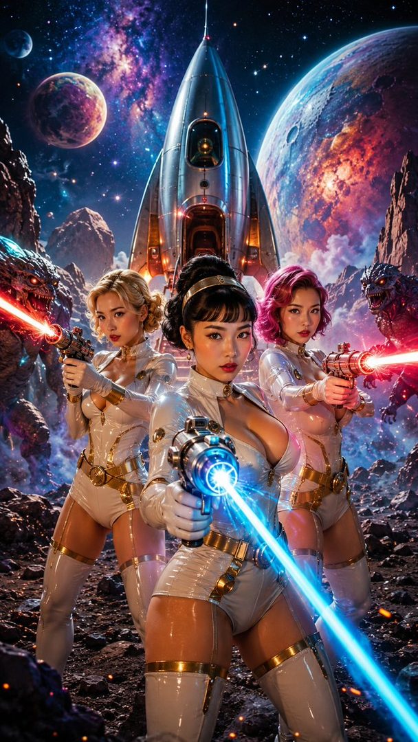 Three women in futuristic white and gold outfits with ray guns stand on a rocky alien planet with a spaceship and planets in the background.