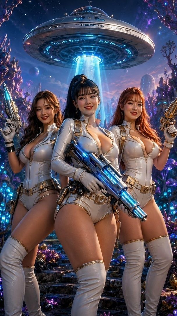 Three attractive East Asian women in futuristic white outfits with gold accents and thigh-high boots, holding sci-fi weapons, stand in front of a UFO in a fantastical alien landscape.