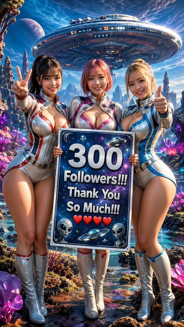 Three attractive young women in futuristic sci-fi outfits holding a '300 Followers' sign, with a UFO and alien imagery in a vibrant, otherworldly landscape.