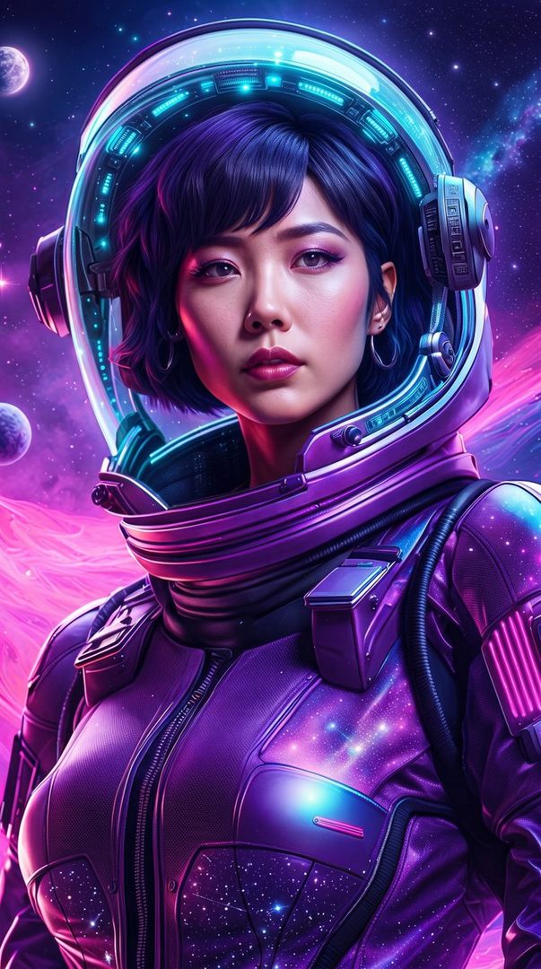 A photorealistic portrait of an East Asian woman in a futuristic purple astronaut suit, with a glowing helmet, against a backdrop of space and nebulae.