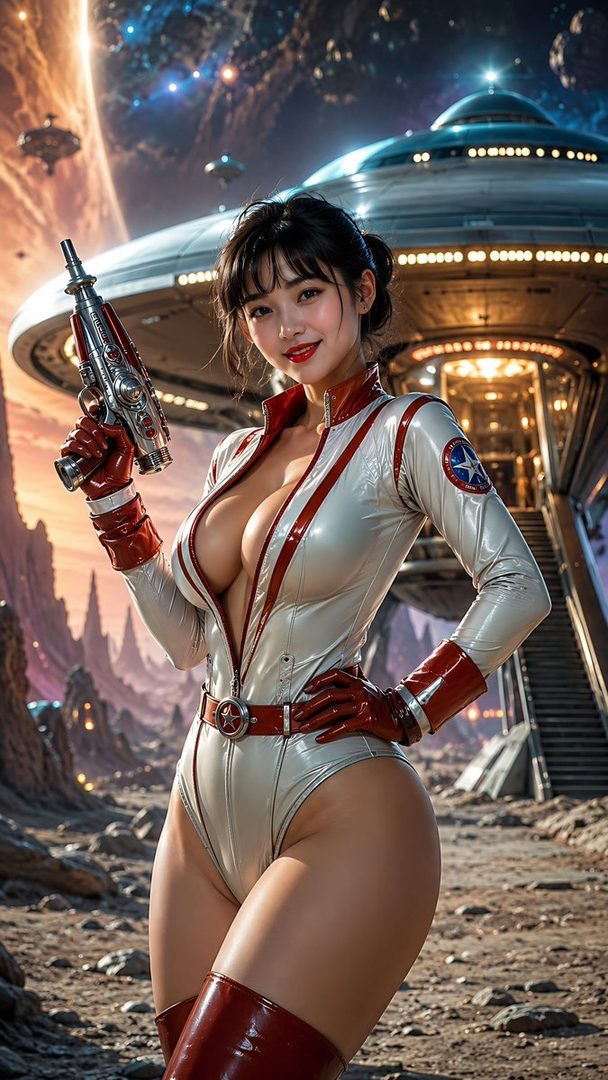 A photorealistic AI-generated portrait of an East Asian woman in a revealing white and red sci-fi outfit, holding a ray gun, with a spaceship and alien planet in the background.