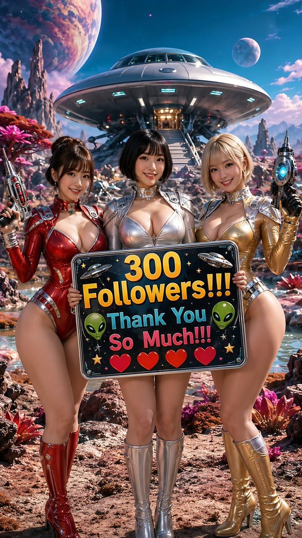 Three attractive young women in futuristic sci-fi outfits pose with a sign that says '300 Followers Thank You So Much' in an alien landscape with a UFO.