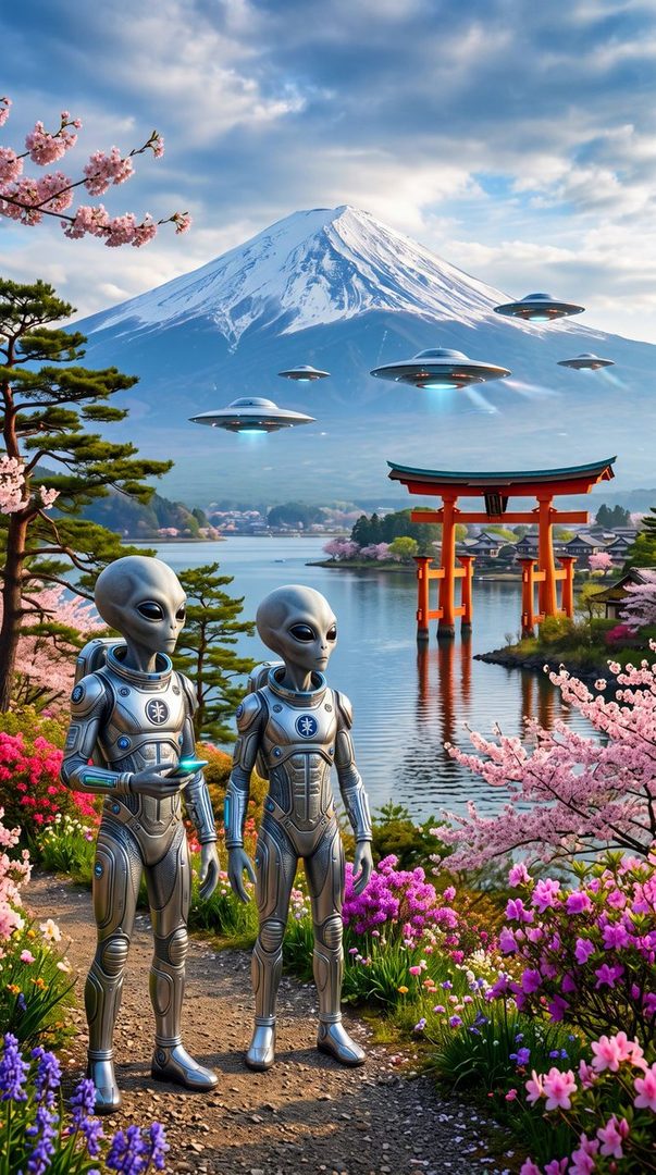 Two aliens in futuristic suits stand on a path with blooming cherry blossoms and purple flowers, overlooking a serene lake with a torii gate and Mount Fuji in the background, under a cloudy sky with several UFOs.
