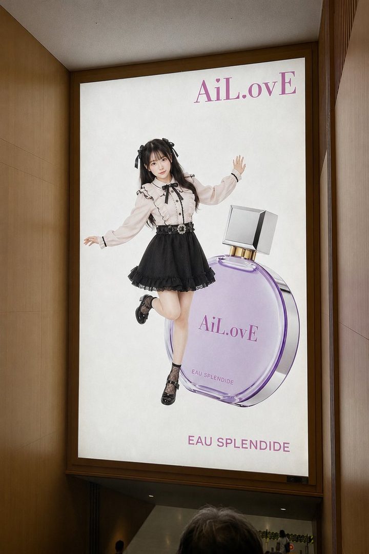 A young woman with black twin-tail hair poses next to a large perfume bottle in a fashion advertisement.