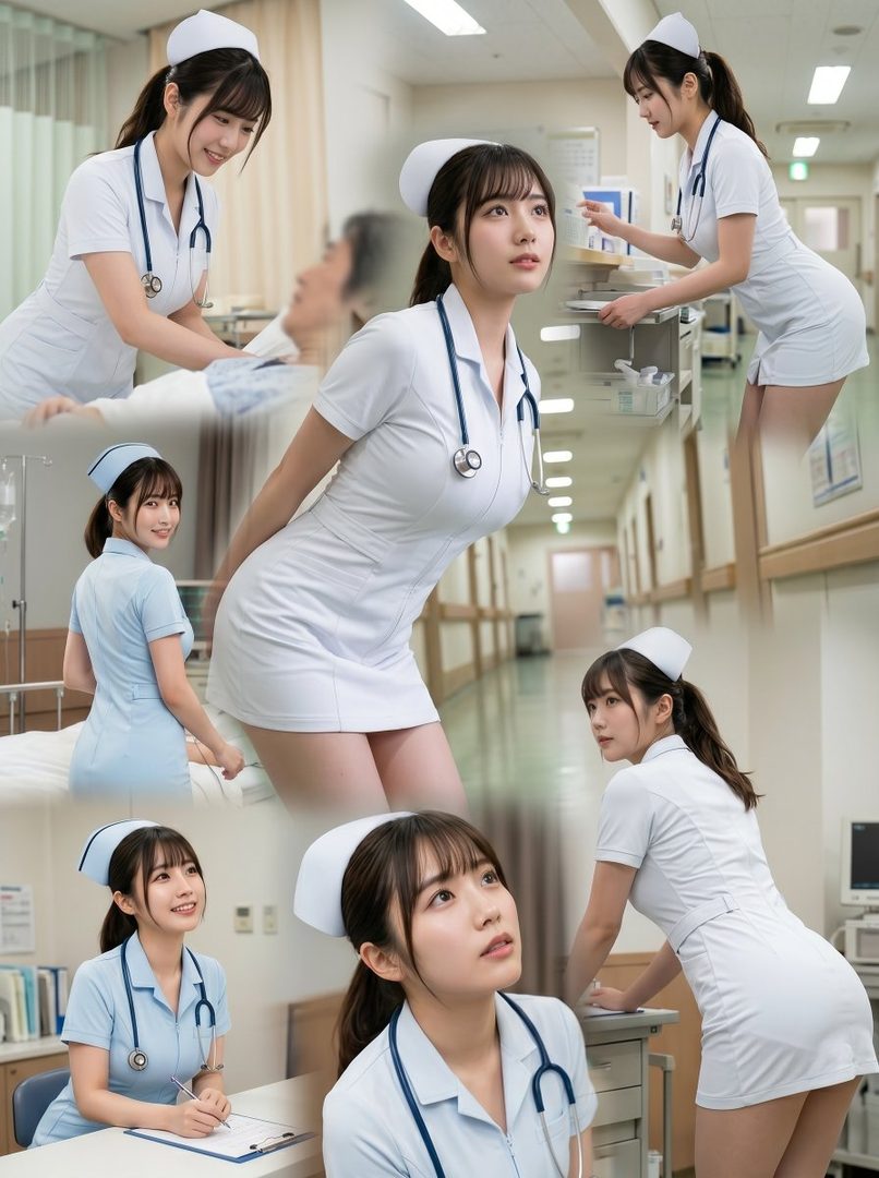 A collage of AI-generated images featuring a young woman in a nurse's uniform, posing in various hospital settings.