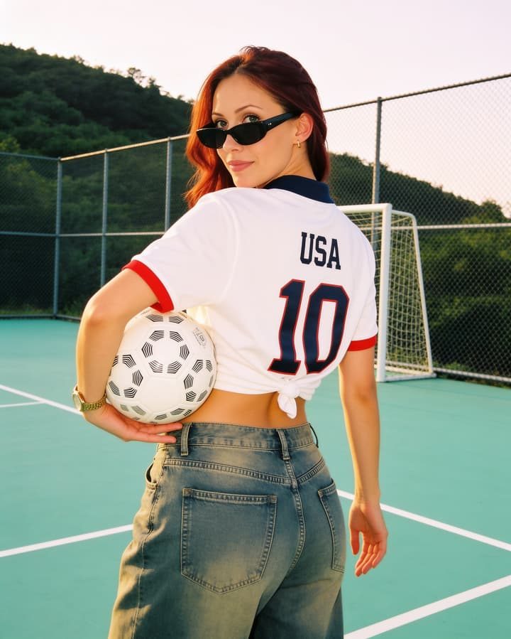 A woman with red hair wearing sunglasses and a white USA soccer jersey with the number 10, holding a soccer ball, stands on a sports court.
