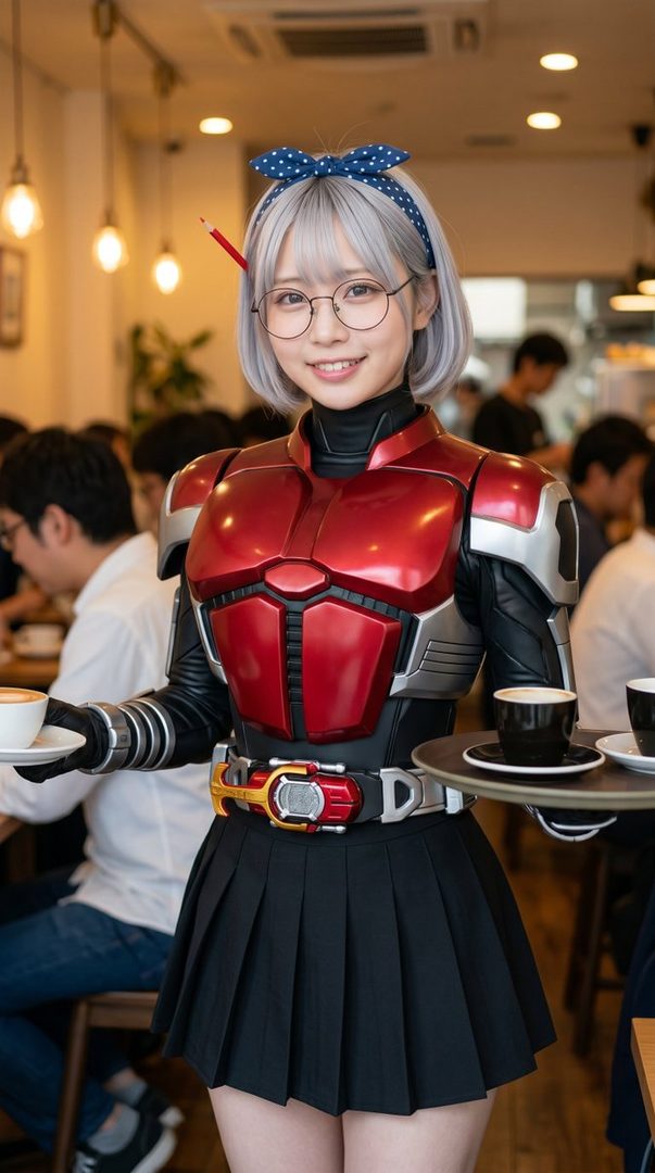 A young woman in a Kamen Rider-inspired costume, complete with a red and silver armored chest piece, black pleated skirt, and a blue polka dot headband, serves coffee in a cafe.