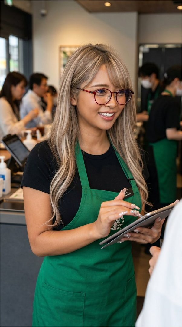 A young woman with blonde hair and glasses, wearing a green apron over a black t-shirt, smiles while holding a tablet in a cafe setting.