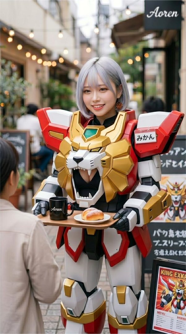A young woman in a detailed robot costume, resembling a lion, serves coffee and a pastry on a tray. She has short silver hair and is smiling at the camera.