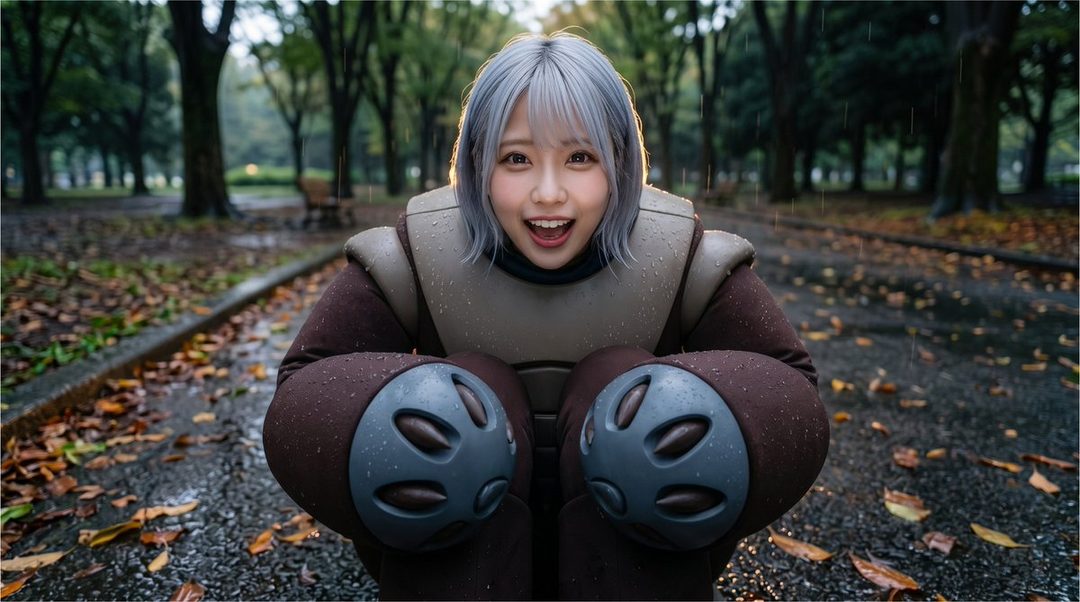 A young woman with short silver hair, wearing a brown and beige costume, crouches in a park on a rainy day, looking at the camera with a playful expression.