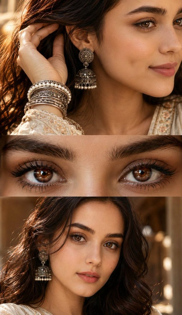 A three-panel collage featuring a young woman with dark hair and brown eyes, adorned with traditional Indian jewelry.