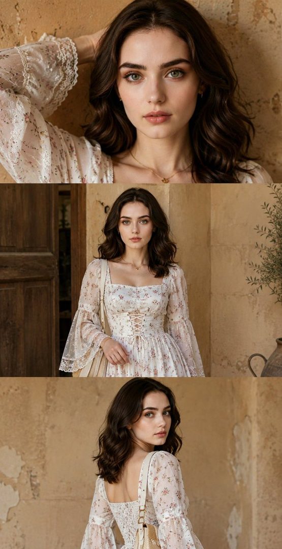 A beautiful woman with long brown hair and a floral dress poses in a three-panel collage against a rustic background.