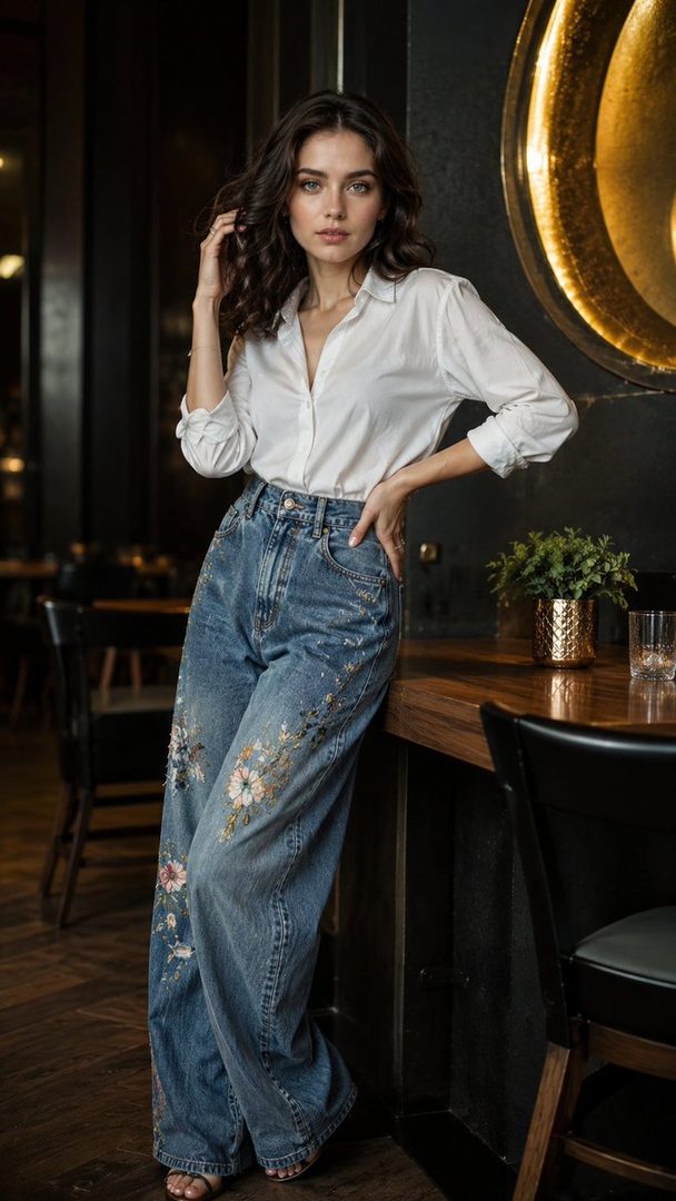 A beautiful woman with long, dark, wavy hair, wearing a white button-down shirt and embroidered wide-leg jeans, poses indoors leaning against a wooden counter.