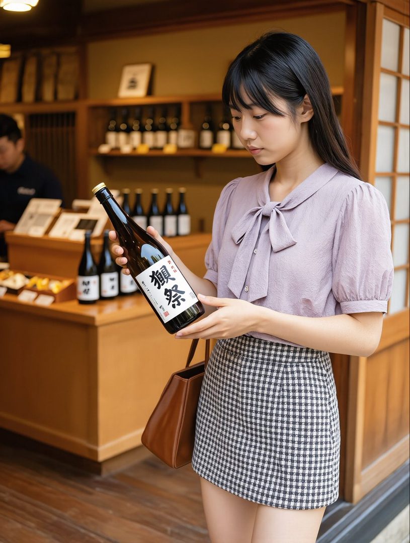 A young East Asian woman with long black hair, wearing a purple blouse and a checkered skirt, holds a bottle of sake in a shop.