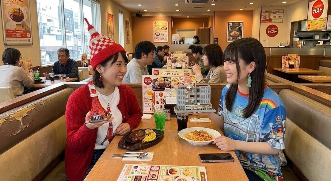 Two young women smiling and holding miniature landmarks while sitting at a table in a restaurant.