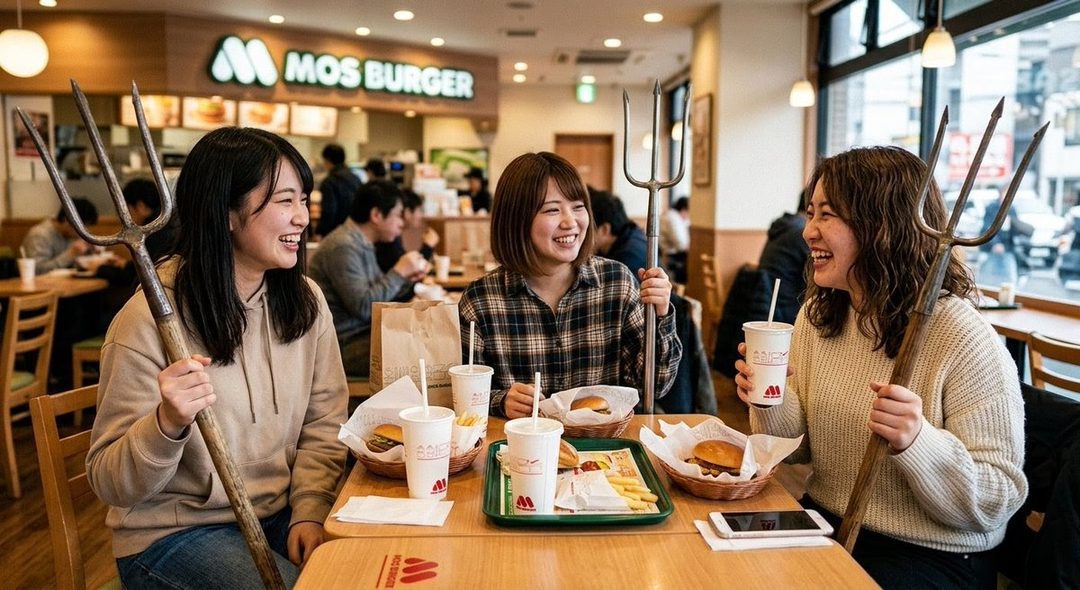 Three young East Asian women laughing and holding pitchforks while eating at a Mos Burger restaurant.
