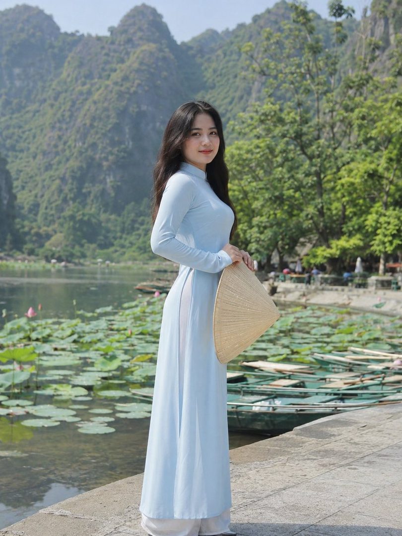 A young woman in a light blue traditional Vietnamese dress and a conical hat stands by a river with lotus flowers and mountains in the background.