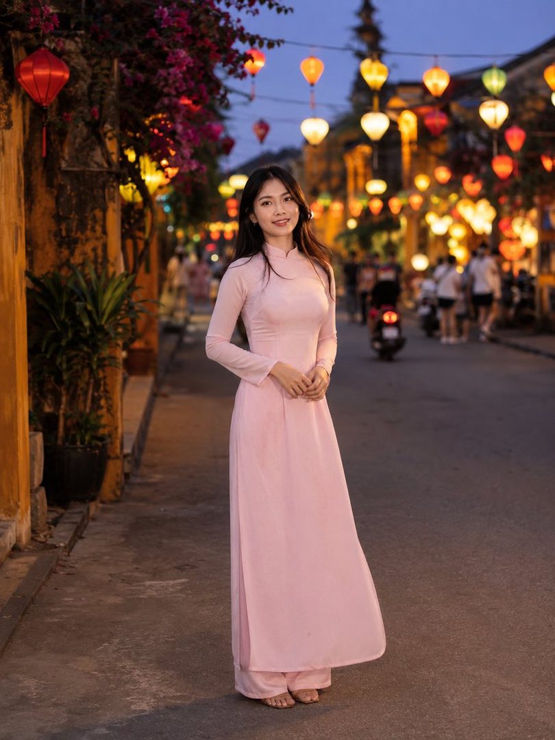 A young woman in a pink traditional Vietnamese dress stands on a street decorated with colorful lanterns at dusk.