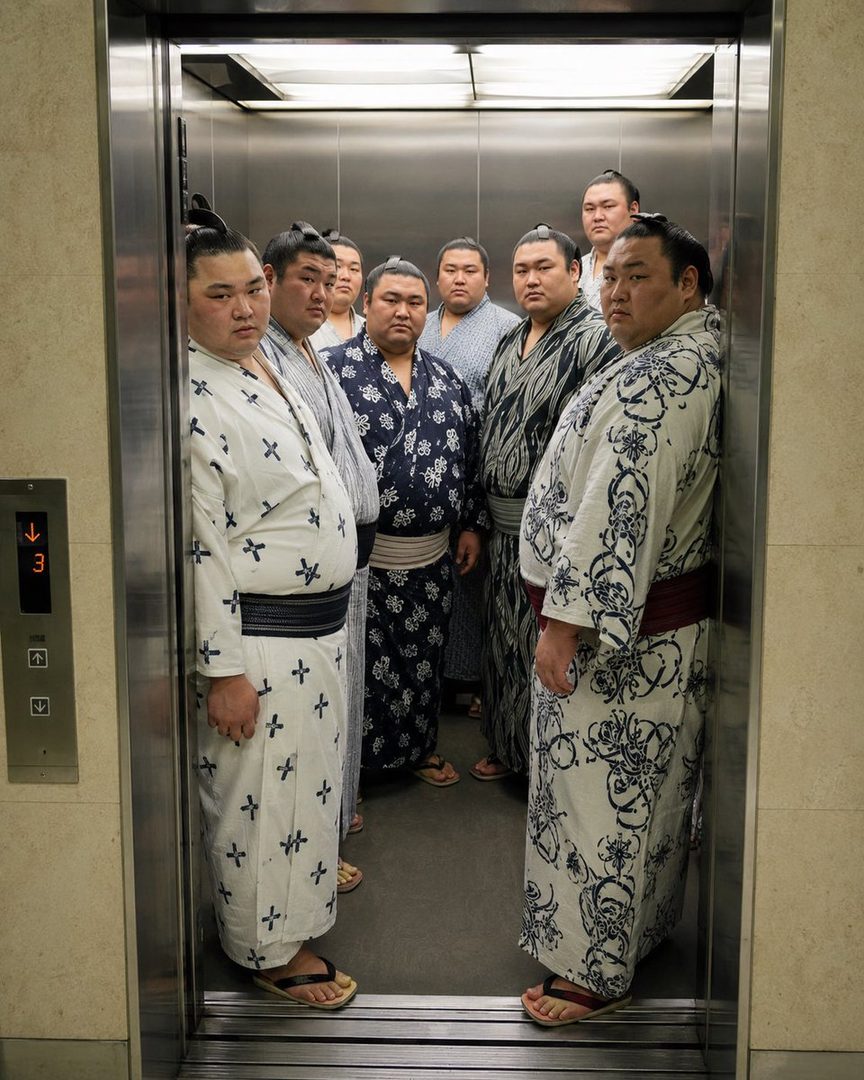 A group of sumo wrestlers in yukatas stand in an elevator.