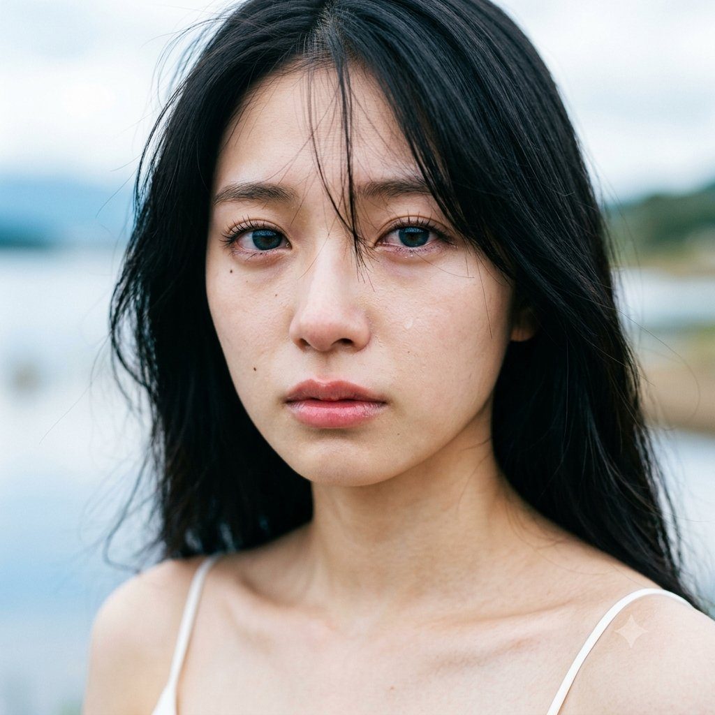 Close-up portrait of a young East Asian woman with long black hair, looking sad with tears in her eyes, wearing a white spaghetti strap top outdoors.