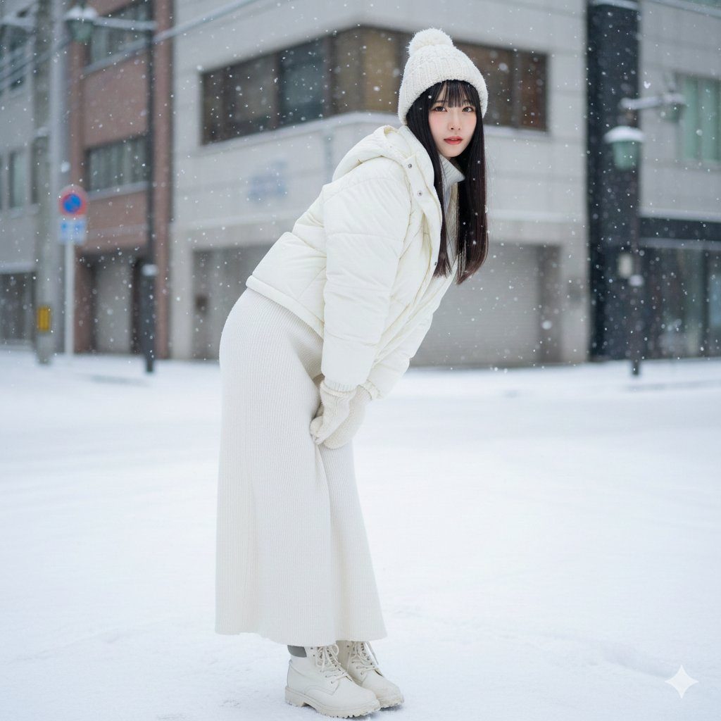 A young woman in a white puffer jacket, white knit hat, and white skirt poses in the snow, with buildings in the background.