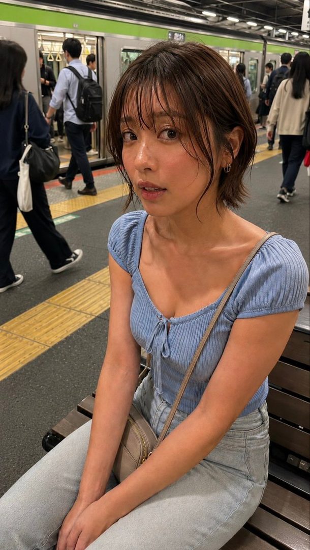 A young woman with short brown hair and bangs, wearing a light blue top and jeans, sits on a bench at a train station platform.