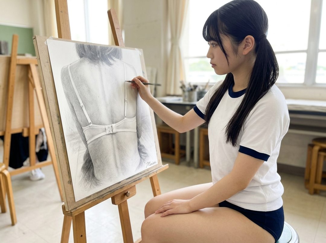 A young woman with black pigtails, wearing a white and blue athletic shirt and dark shorts, is drawing a detailed sketch of a person's back in a bra on an easel in an art studio.